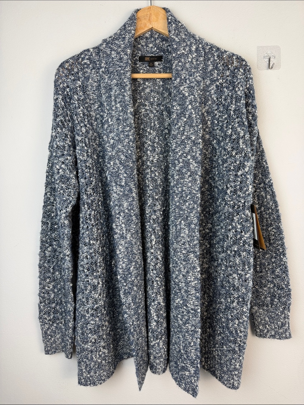 NEW Frye Long Length Cardigan Shawl Collar SM Dress Blue Open Knit Sweater Work
